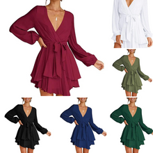 Cléo Short Women's Dress – Flared Dress with V-Neck, Belt & Long Sleeves