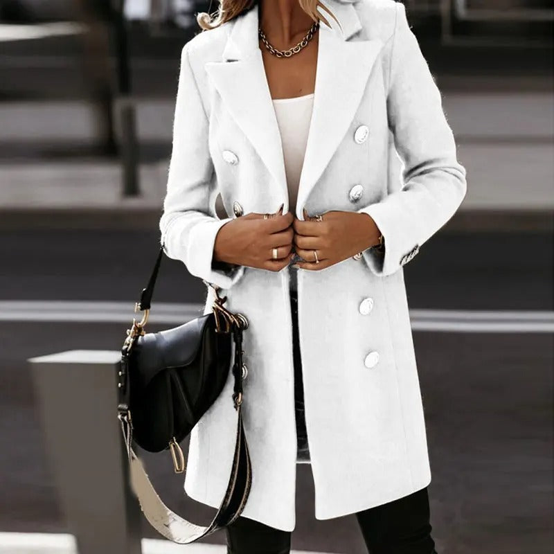 Gracelynn Trench Coat Reversible Wool Blend for Women – Elegant Long Coat with Silver Buttons