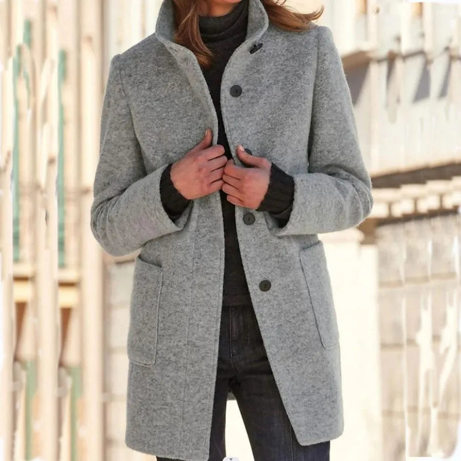 Valentina Long Coat Women with High Collar – Warm Winter Jacket with Straight Cut, Front Closure & Pockets