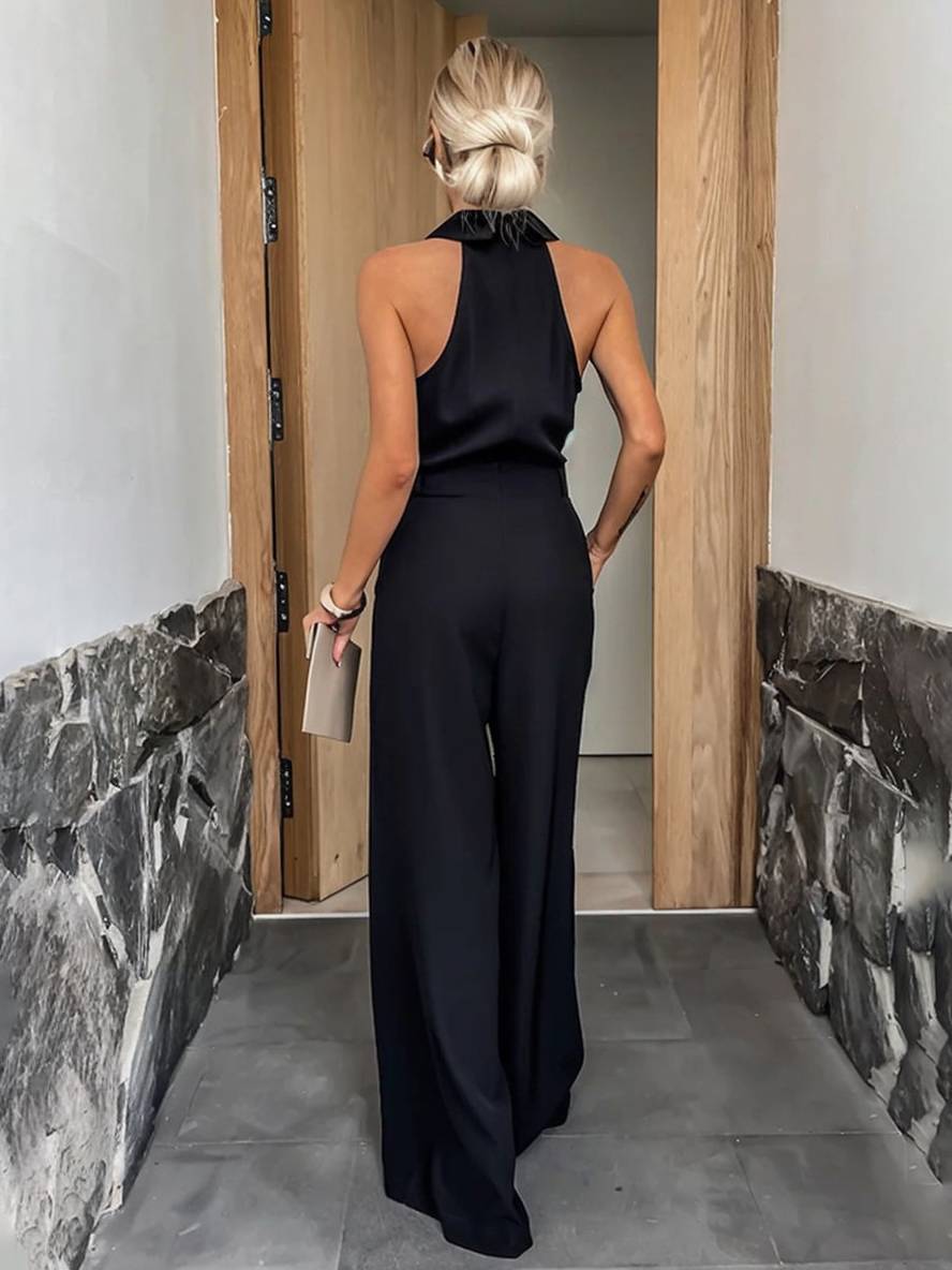 Aliya Women's Jumpsuit – Loose Sleeveless Jumpsuit with Shirt Collar, Cutouts & Pockets