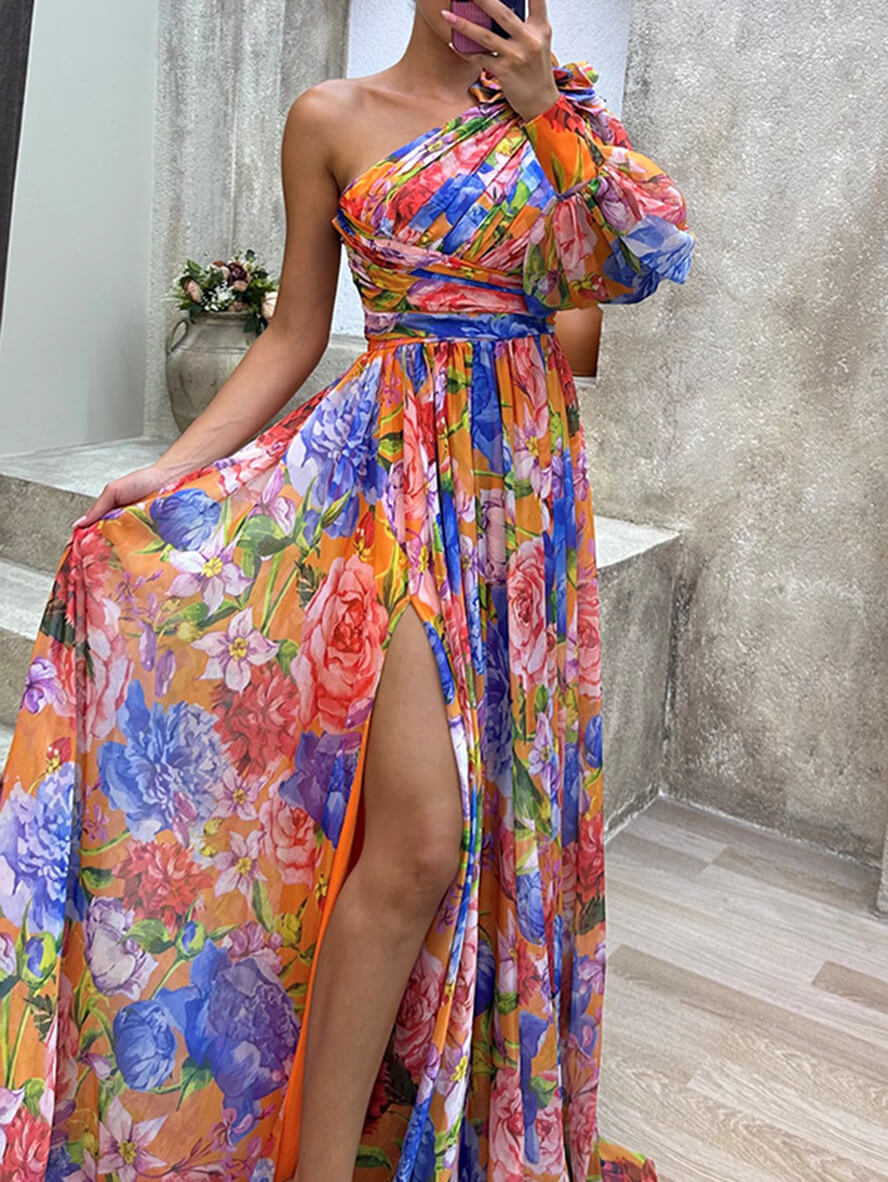 Saniah Evening Dress Woman – Elegant Long Floral Dress with Bare Shoulder and Slit