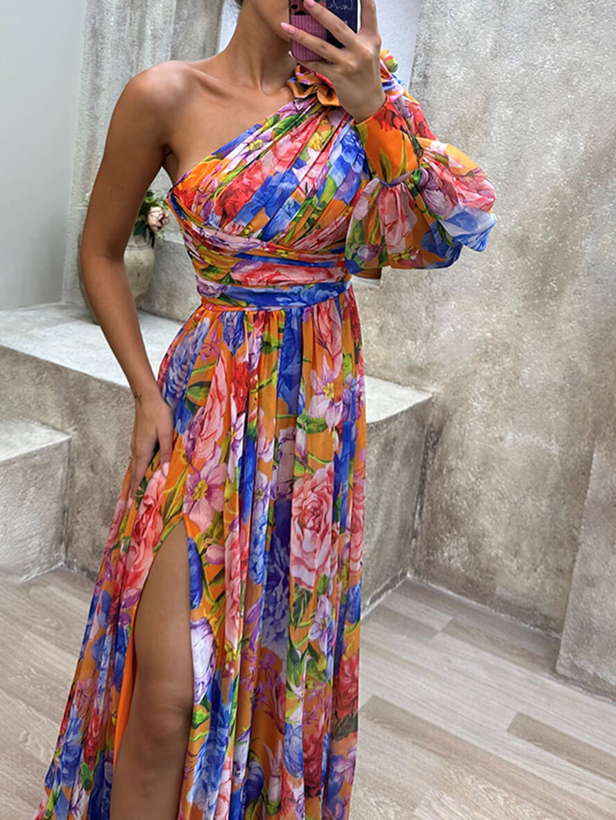 Saniah Evening Dress Woman – Elegant Long Floral Dress with Bare Shoulder and Slit
