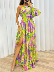 Saniah Evening Dress Woman – Elegant Long Floral Dress with Bare Shoulder and Slit