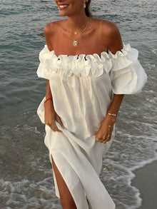 Kimberly Robe Femme – Casual Long Dress with Boat Neck, Puff Sleeves & Side Slit