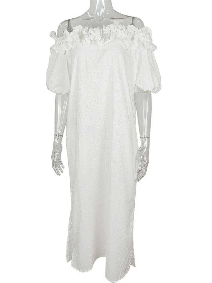 Kimberly Robe Femme – Casual Long Dress with Boat Neck, Puff Sleeves & Side Slit