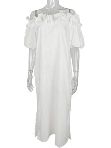 Kimberly Robe Femme – Casual Long Dress with Boat Neck, Puff Sleeves & Side Slit