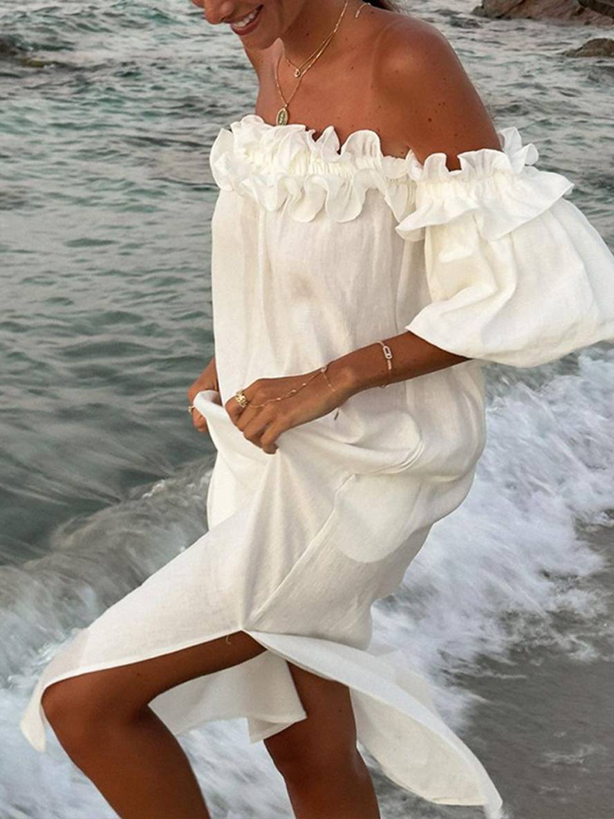 Kimberly Robe Femme – Casual Long Dress with Boat Neck, Puff Sleeves & Side Slit