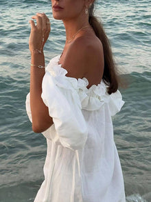 Kimberly Robe Femme – Casual Long Dress with Boat Neck, Puff Sleeves & Side Slit