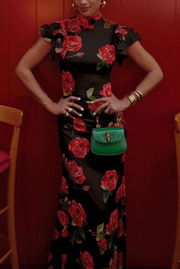 Thalia Evening Dress Woman – Elegant Long Floral Dress with Ruffles, Mao Collar & Button Detail