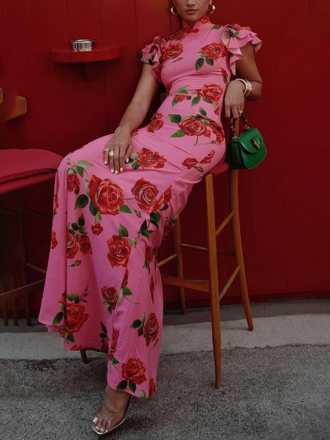 Thalia Evening Dress Woman – Elegant Long Floral Dress with Ruffles, Mao Collar & Button Detail