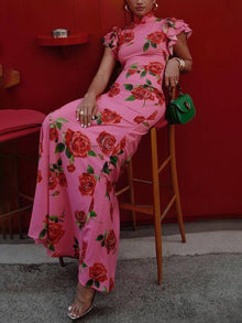Thalia Evening Dress Woman – Elegant Long Floral Dress with Ruffles, Mao Collar & Button Detail