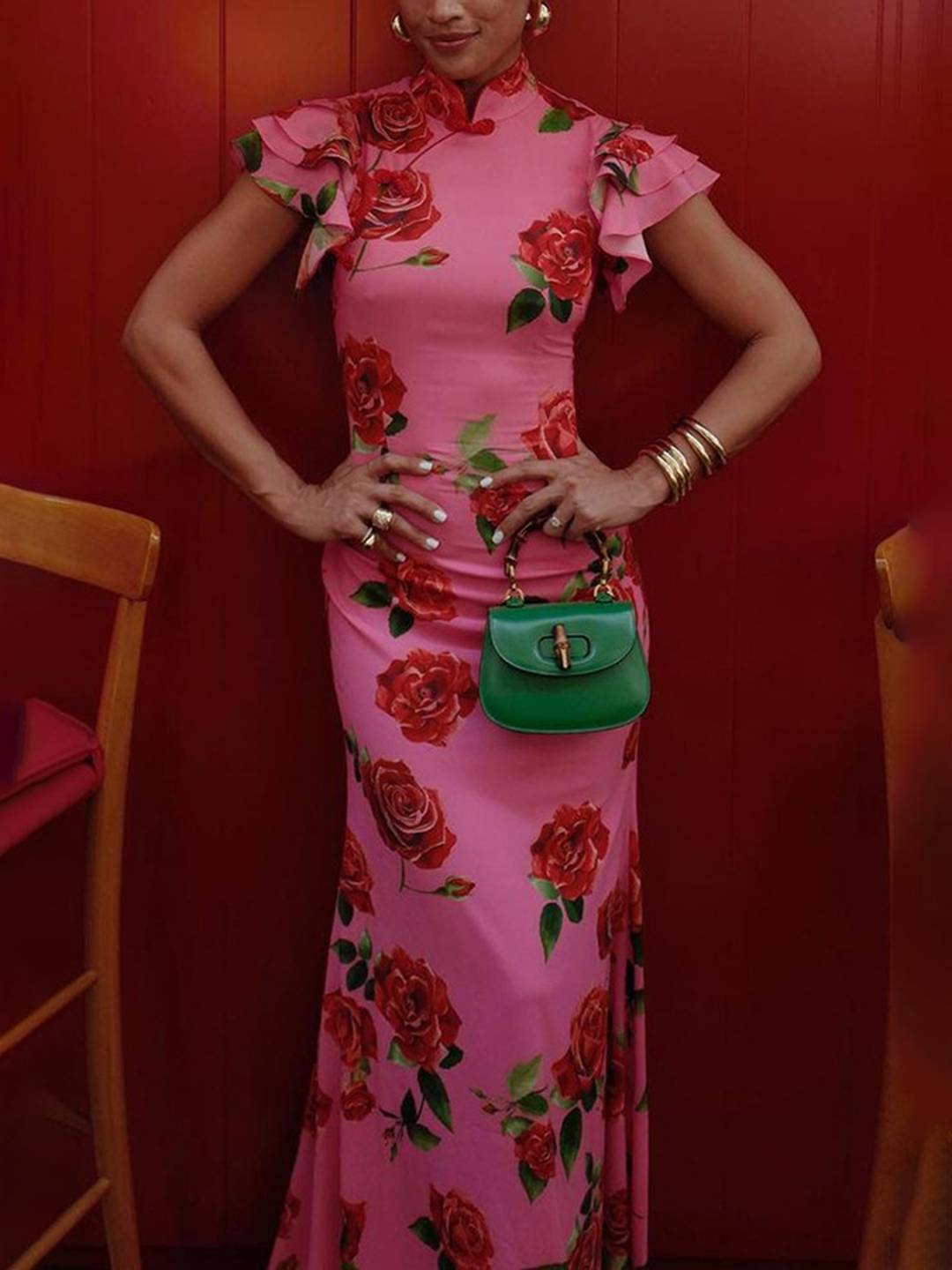 Thalia Evening Dress Woman – Elegant Long Floral Dress with Ruffles, Mao Collar & Button Detail