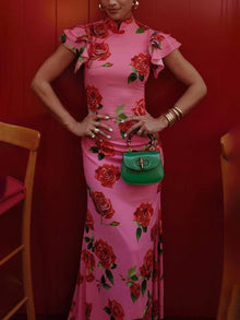 Thalia Evening Dress Woman – Elegant Long Floral Dress with Ruffles, Mao Collar & Button Detail