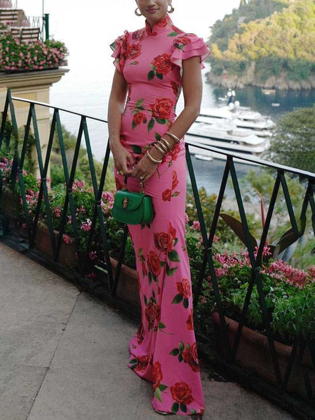 Thalia Evening Dress Woman – Elegant Long Floral Dress with Ruffles, Mao Collar & Button Detail