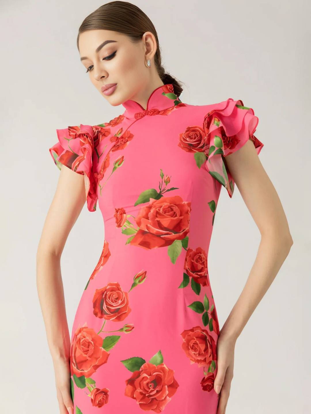 Thalia Evening Dress Woman – Elegant Long Floral Dress with Ruffles, Mao Collar & Button Detail