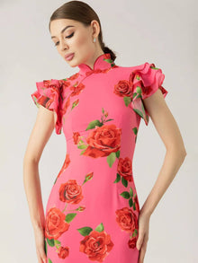 Thalia Evening Dress Woman – Elegant Long Floral Dress with Ruffles, Mao Collar & Button Detail