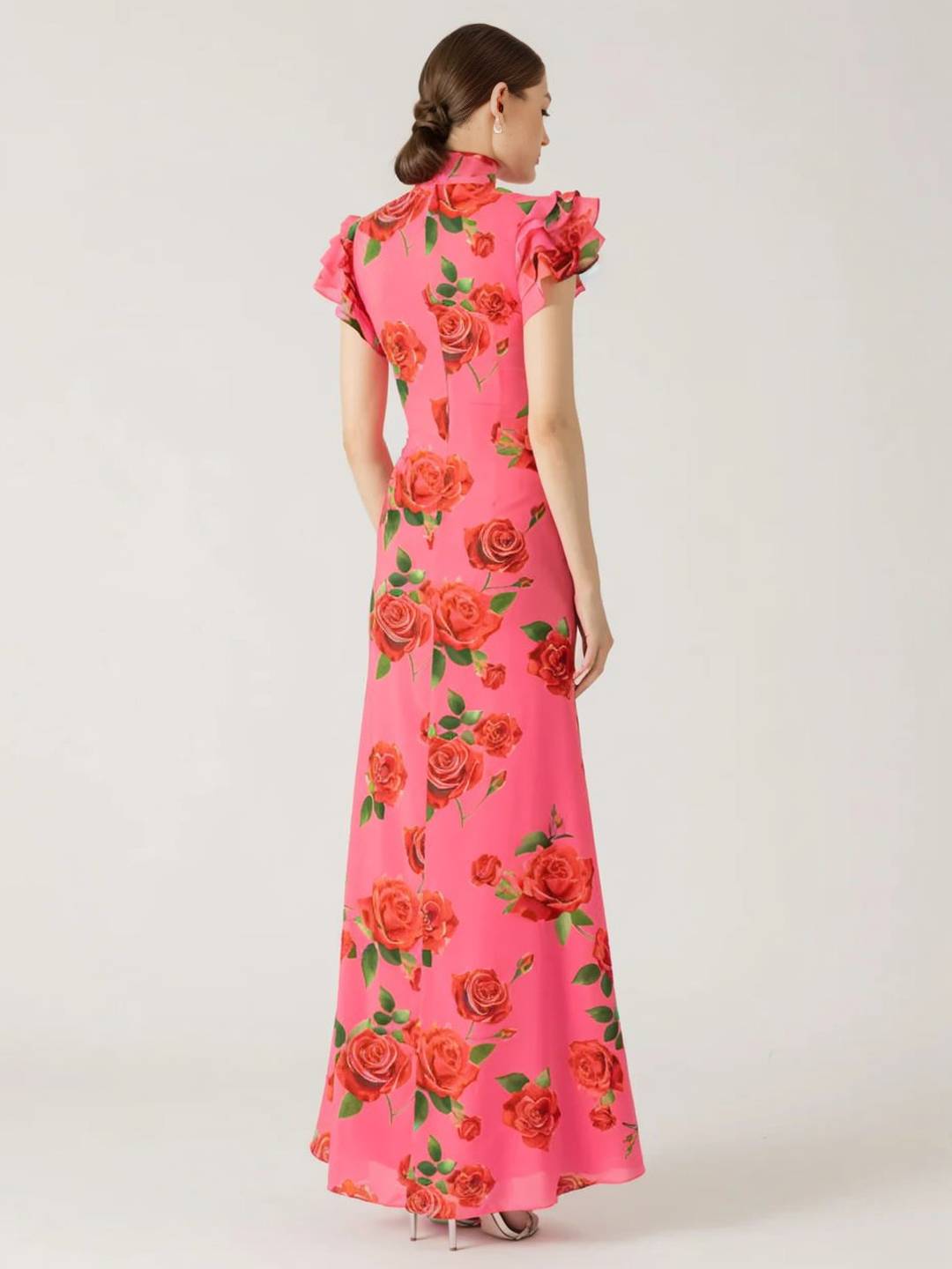 Thalia Evening Dress Woman – Elegant Long Floral Dress with Ruffles, Mao Collar & Button Detail