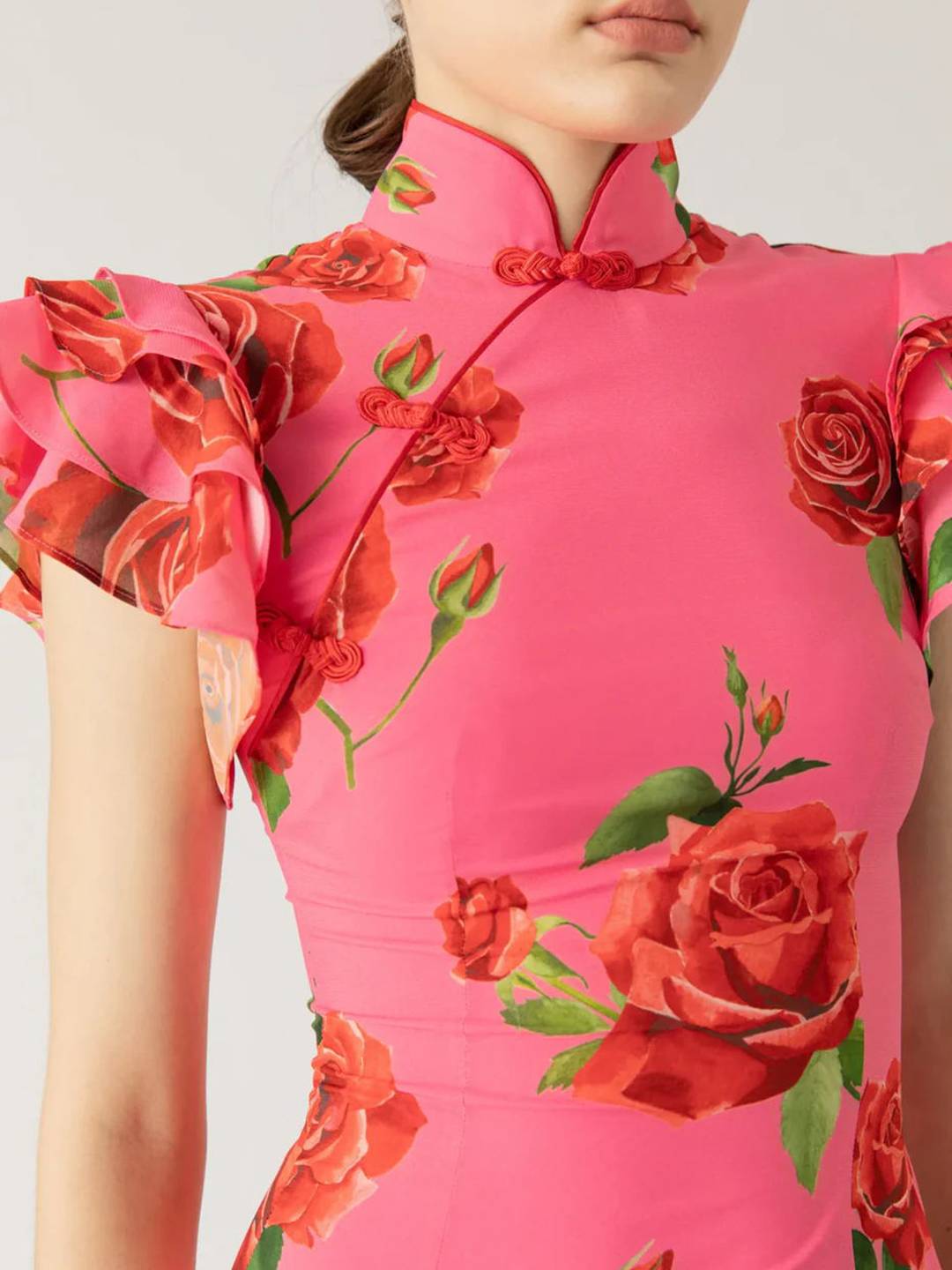 Thalia Evening Dress Woman – Elegant Long Floral Dress with Ruffles, Mao Collar & Button Detail
