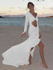 Kayliegh Women's Beach Dress – Long Tight Dress with V-Neckline, Slit & Split Sleeves Boho