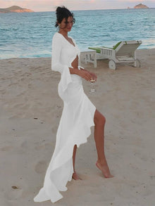 Kayliegh Women's Beach Dress – Long Tight Dress with V-Neckline, Slit & Split Sleeves Boho