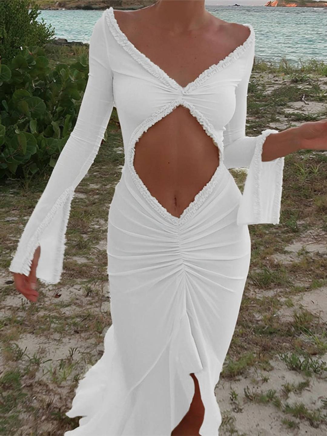 Kayliegh Women's Beach Dress – Long Tight Dress with V-Neckline, Slit & Split Sleeves Boho