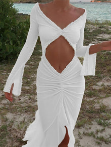 Kayliegh Women's Beach Dress – Long Tight Dress with V-Neckline, Slit & Split Sleeves Boho
