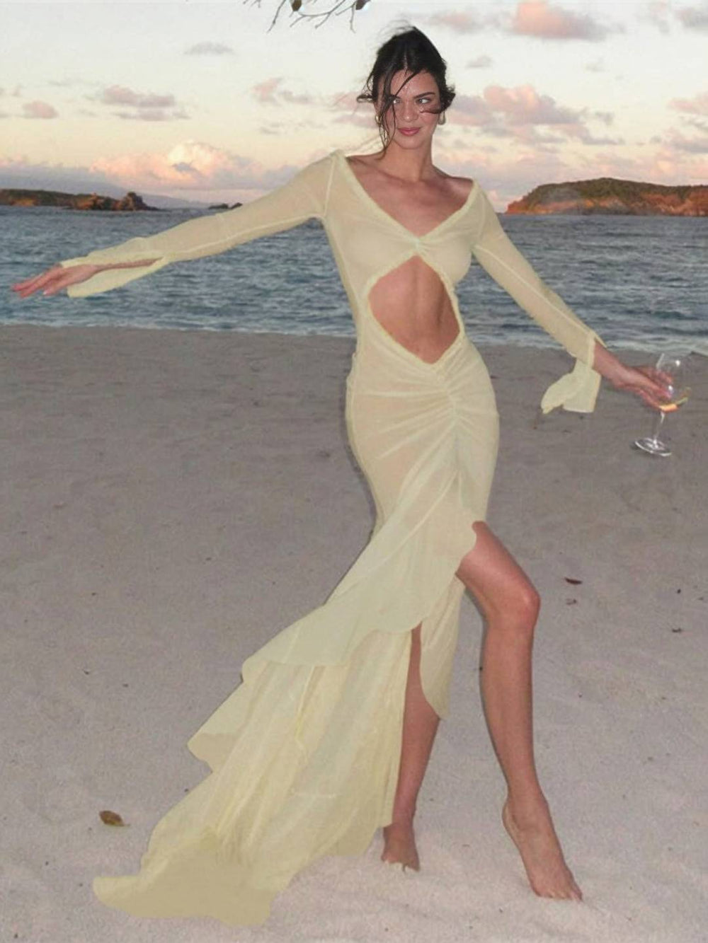 Kayliegh Women's Beach Dress – Long Tight Dress with V-Neckline, Slit & Split Sleeves Boho