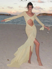 Kayliegh Women's Beach Dress – Long Tight Dress with V-Neckline, Slit & Split Sleeves Boho