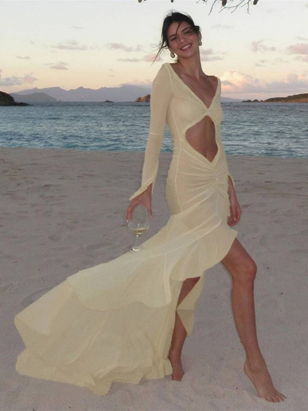 Kayliegh Women's Beach Dress – Long Tight Dress with V-Neckline, Slit & Split Sleeves Boho