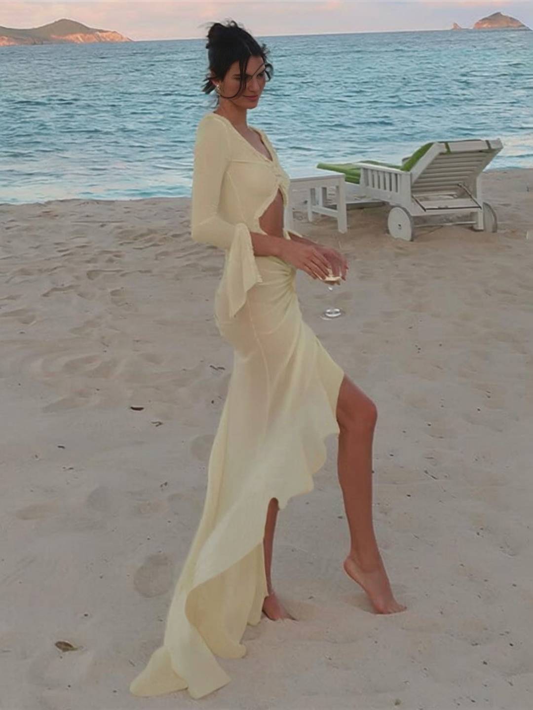 Kayliegh Women's Beach Dress – Long Tight Dress with V-Neckline, Slit & Split Sleeves Boho