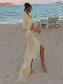 Kayliegh Women's Beach Dress – Long Tight Dress with V-Neckline, Slit & Split Sleeves Boho