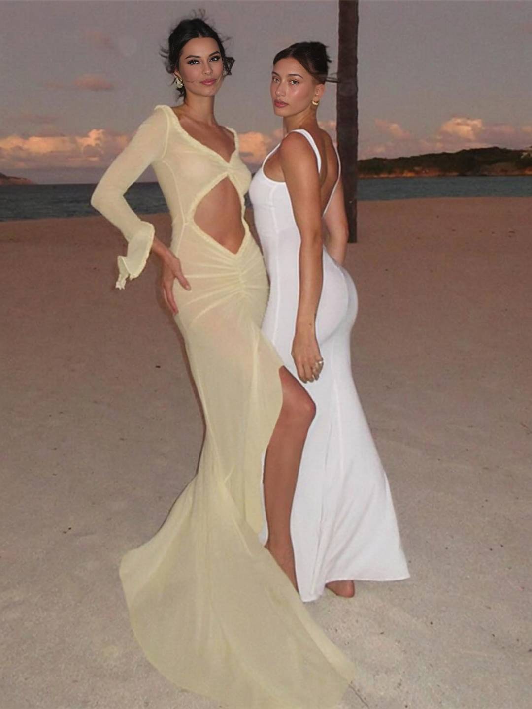Kayliegh Women's Beach Dress – Long Tight Dress with V-Neckline, Slit & Split Sleeves Boho
