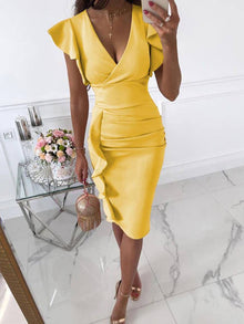 Joyce Cocktail Dress Woman – Elegant Mid-Length Fitted Dress with V-Neckline & Ruffle Details