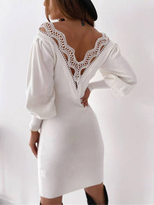 Leanna Evening Dress Woman – Short Tight Lace Dress with V-Neck & Puff Long Sleeves
