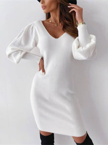 Leanna Evening Dress Woman – Short Tight Lace Dress with V-Neck & Puff Long Sleeves