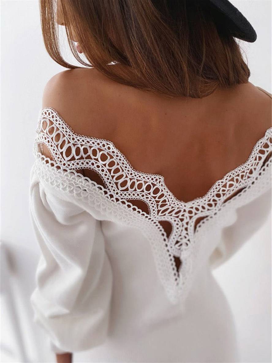 Leanna Evening Dress Woman – Short Tight Lace Dress with V-Neck & Puff Long Sleeves