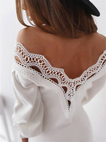 Leanna Evening Dress Woman – Short Tight Lace Dress with V-Neck & Puff Long Sleeves