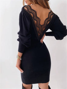 Leanna Evening Dress Woman – Short Tight Lace Dress with V-Neck & Puff Long Sleeves