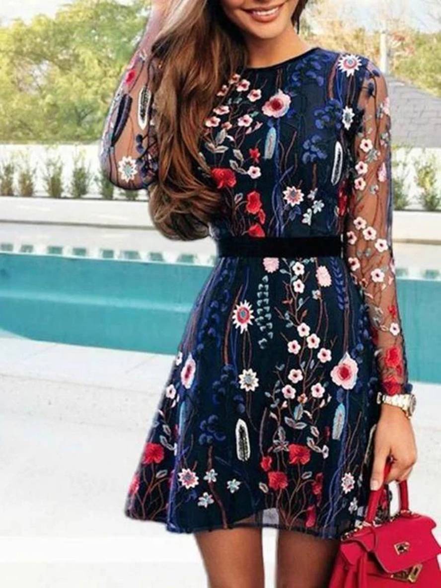 Daizrie Robe Femme – Embroidered Floral Short Dress with Long Sleeves & Elegant Round Neck