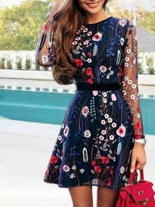 Daizrie Robe Femme – Embroidered Floral Short Dress with Long Sleeves & Elegant Round Neck