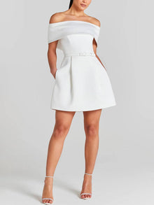 Haziel Cocktail Dress Women – Sleeveless Skater Dress with Boat Neckline, Belt & Elegant Cut