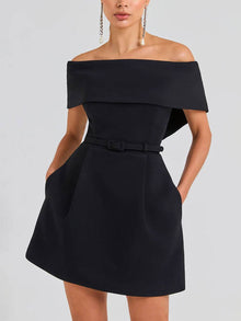 Haziel Cocktail Dress Women – Sleeveless Skater Dress with Boat Neckline, Belt & Elegant Cut