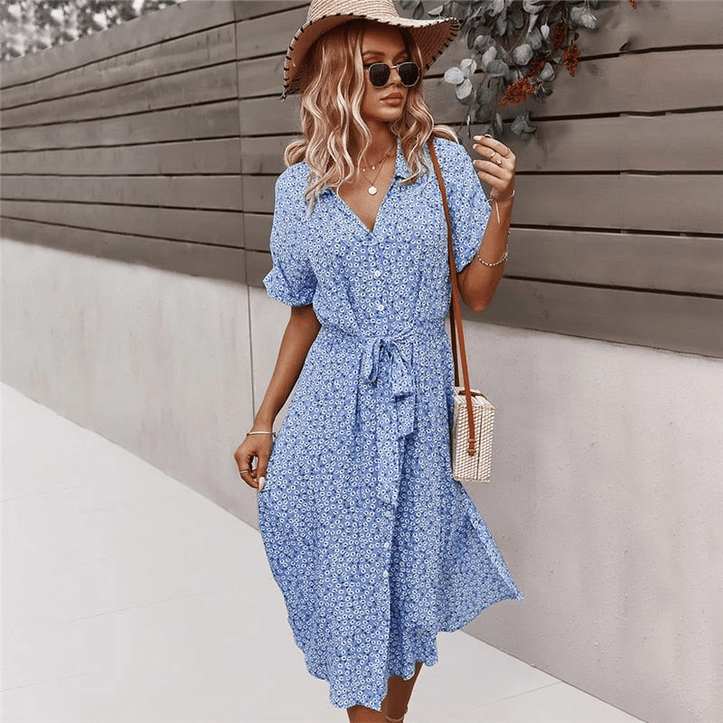 Calla Robe Mid-Length Looksy – Tie Belt & Light Floral Print Summer
