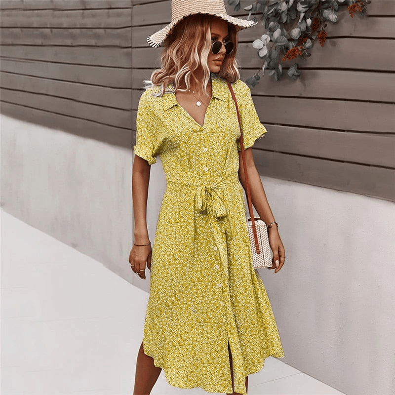 Calla Robe Mid-Length Looksy – Tie Belt & Light Floral Print Summer