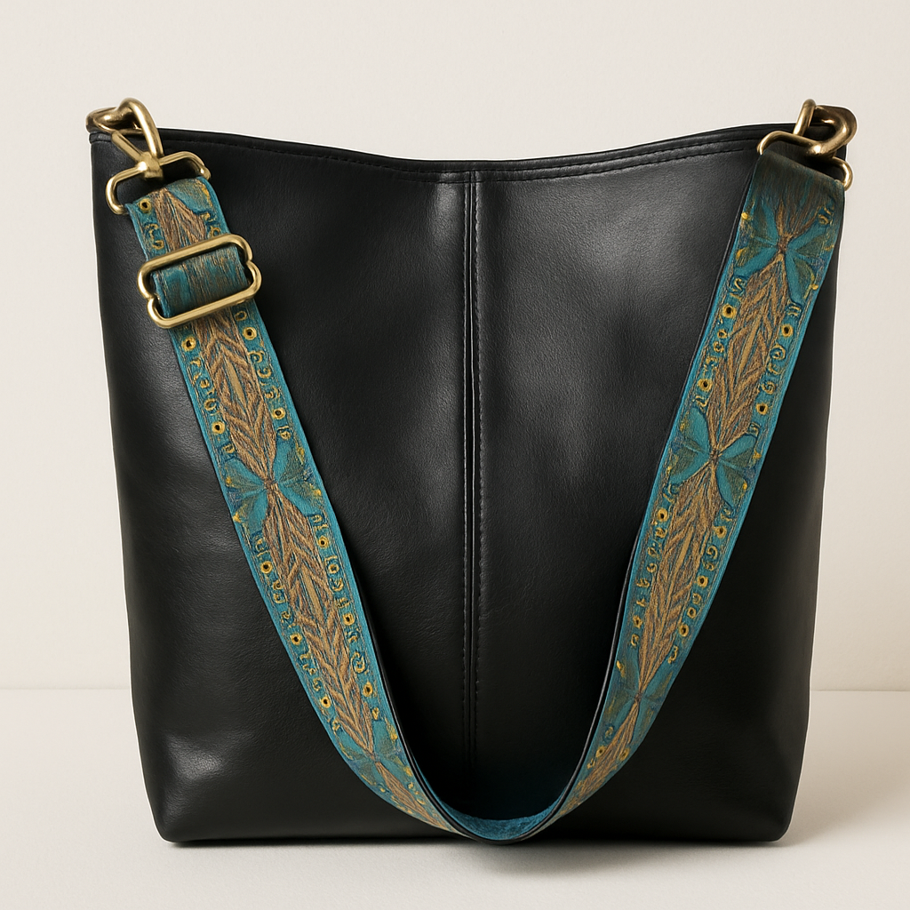 Caroline Bucket Bag Woman – Smooth Vegan Leather with Embroidered Shoulder Strap & Bohemian Chic Style