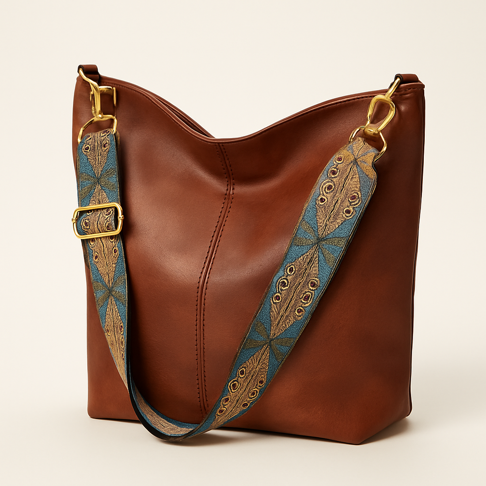 Caroline Bucket Bag Woman – Smooth Vegan Leather with Embroidered Shoulder Strap & Bohemian Chic Style