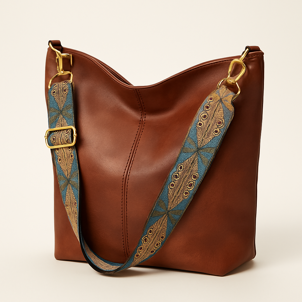 Caroline Bucket Bag Woman – Smooth Vegan Leather with Embroidered Shoulder Strap & Bohemian Chic Style