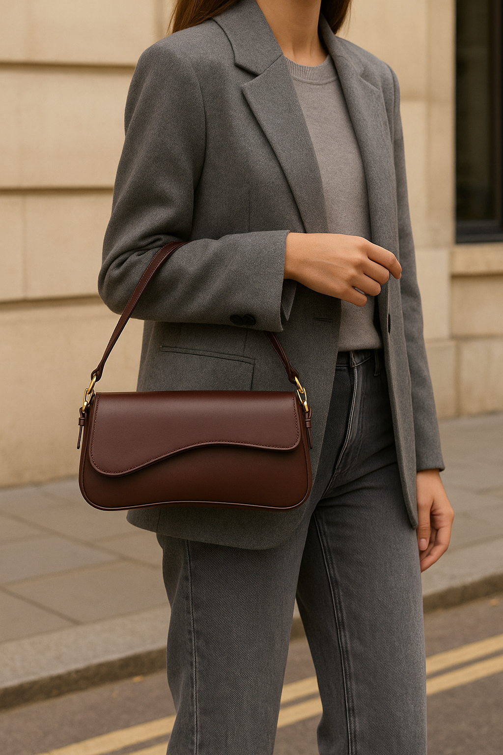 Hadley Sac Baguette Woman – Smooth Vegan Leather with Asymmetrical Silhouette & Elegant Golden Details