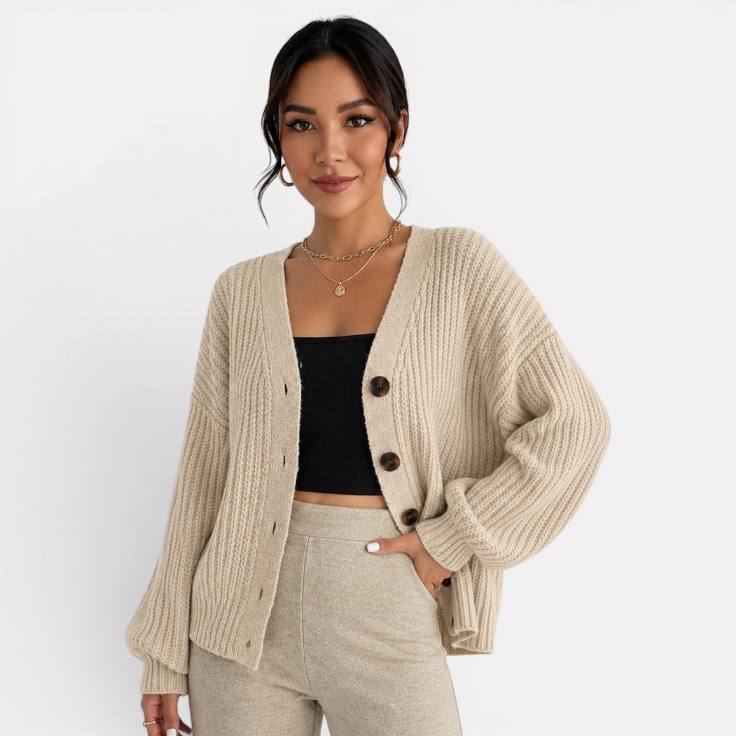 Women's Chunky Knit Lantern Sleeve Cardigan