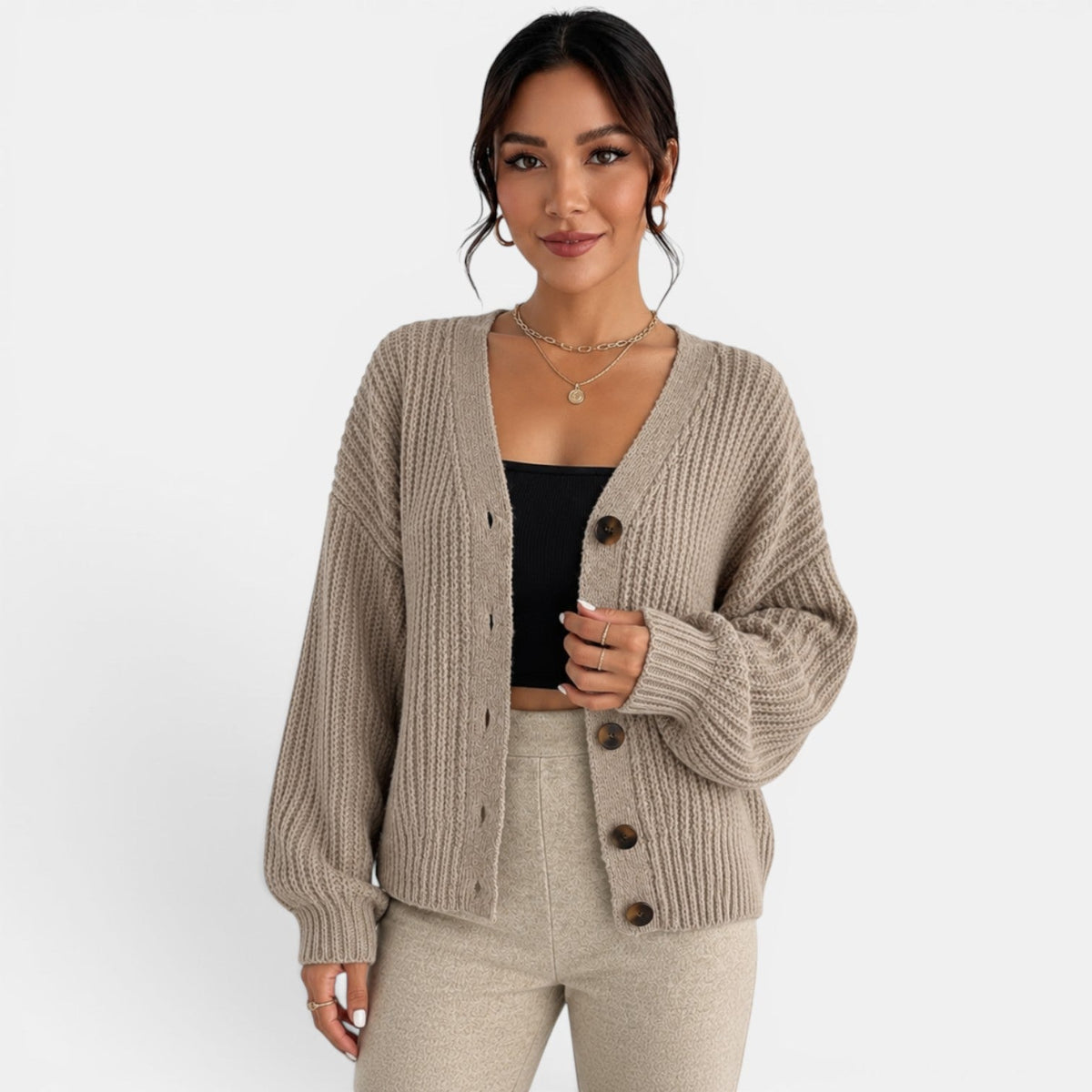 Women's Chunky Knit Lantern Sleeve Cardigan